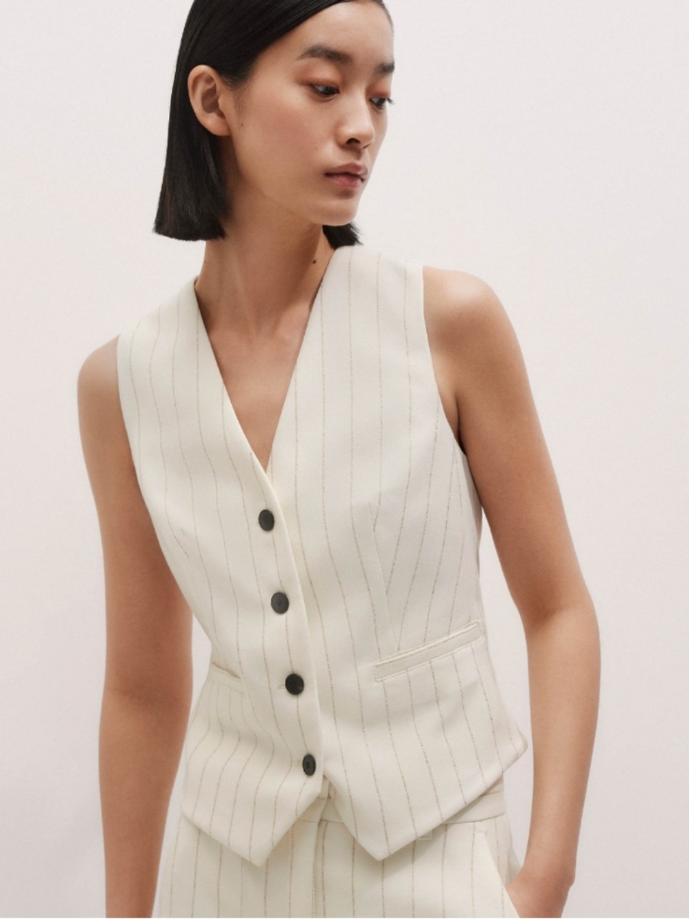 Tailored Cream Pinstripe Linen Blend Lined Vest M